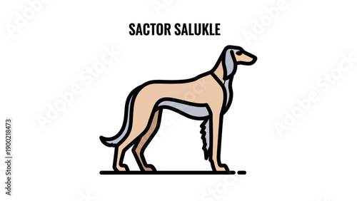 Stylized dog illustration, light brown with black outlines, stands in profile on white background