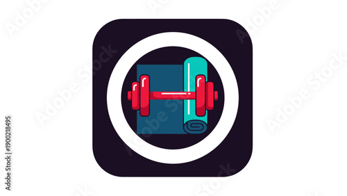 Colorful fitness icon rounded square with barbell, yoga mat & circle outline