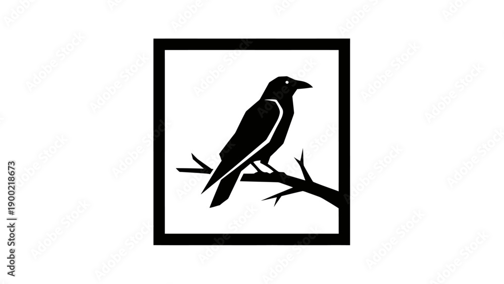 Fototapeta premium Black silhouette of a raven perched on a branch, framed within a solid rectangle