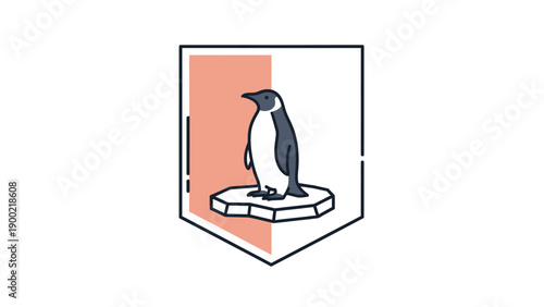 An illustration features a penguin standing on ice within a shield-shaped design