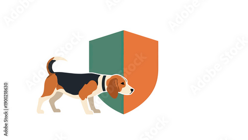 A beagle dog illustration stands before a shield, both stylized.  Background is white