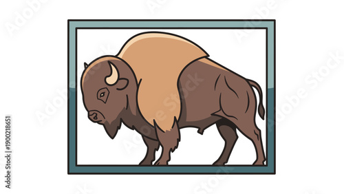 A stylized brown bison, framed in a rectangular border, rendered in bold lines