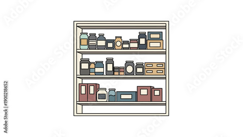 Illustration of a pantry or cabinet with shelves holding various jars and boxes