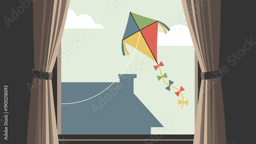 A colorful kite flies outside a window, with curtains and a house visible