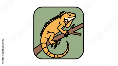 Stylized illustration of a lizard perched on a branch, enclosed in a rounded rectangle
