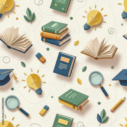  A delightful seamless pattern featuring 3D-style icons for education. Represents knowledge, research, bright ideas, and academic achievement.. Vector illustration