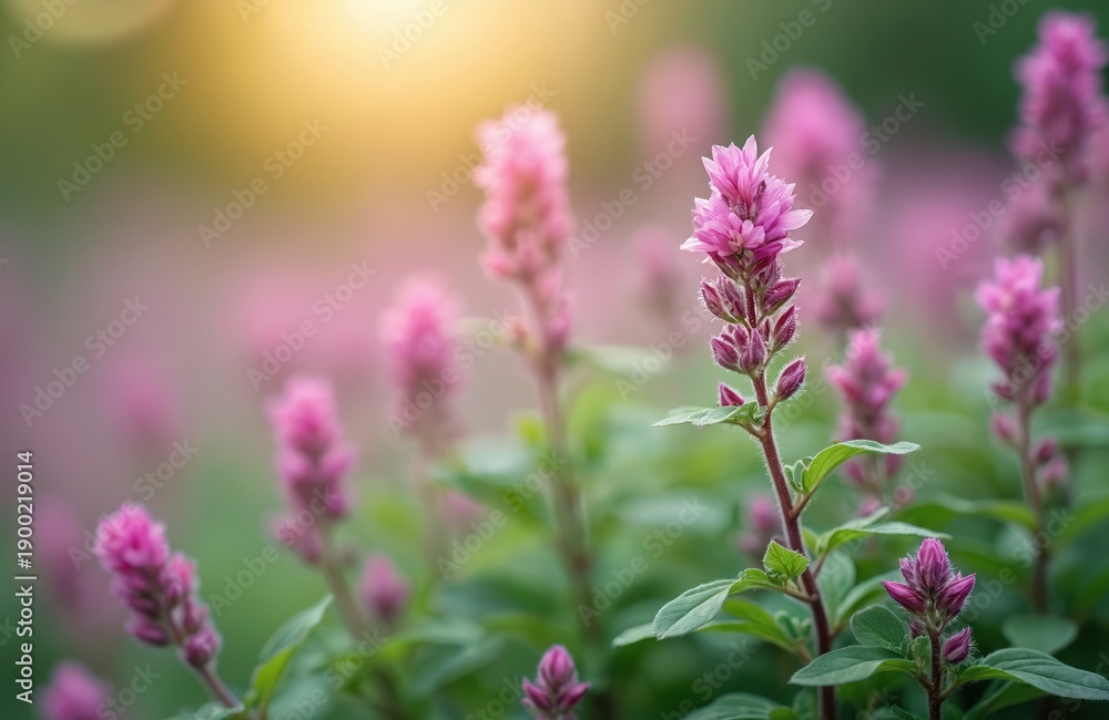 Fototapeta premium Pink flowering thyme plant grows in garden bed. Small purple buds and green leaves on stem. Aromatic herb blooms in soft sunlit nature background. Outdoors summer plant life.