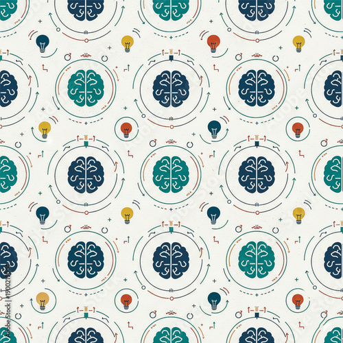 A graphic, repeating background illustrating the thinking process. Brain and light bulb icons represent ideas, creativity, and technological innovation.. Vector illustration