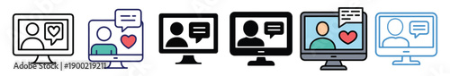 Online communication icons, video conference and social media engagement symbols. Virtual meeting icon set, computer screen with heart. webinar, remote work, digital interaction, live stream