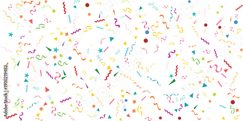 Dynamic background with vibrant confetti and colorful party streamers vector illustration for birthday celebration festive holiday and anniversary on a transparent background.