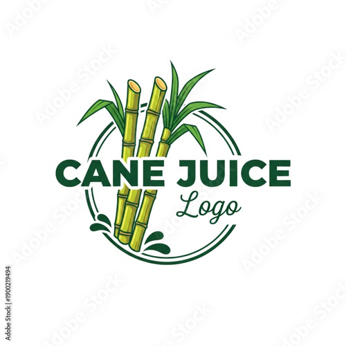 Sugarcane juice logo design with fresh stalks, circular emblem, and tropical splash element for branding a beverage business.