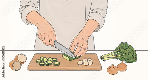 Mindful food preparation and healthy lifestyle. Person slicing vegetables on a wooden board. Minimalist flat design vector illustration