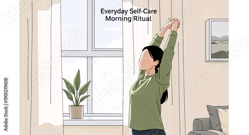 Woman stretching arms up for morning self-care ritual. Healthy lifestyle and wellness concept. Minimalist flat design vector illustration