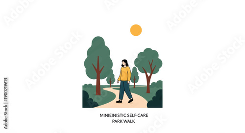 Park walk for everyday self-care concept. Woman walking on a winding path in nature. Minimalist flat design vector illustration