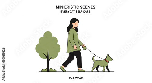 Woman walking a dog on a leash. Minimalist flat design vector illustration. Everyday self-care and pet ownership concept. Isolated on white background