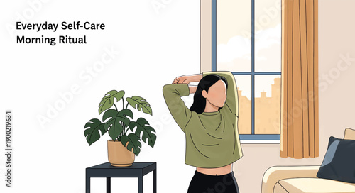 Everyday self-care morning ritual concept. Woman stretching at home near window. Minimalist flat design vector illustration