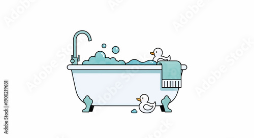 Soothing bath with bubbles and rubber ducks vector illustration. Minimalist flat design for spa and self care. Isolated bathtub on white background