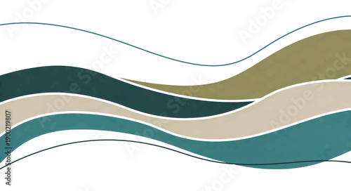 Abstract minimalist waves in earth tones. Vector illustration with teal and tan layered shapes. Modern organic design element isolated on white background
