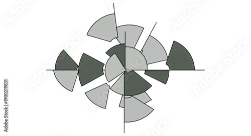 Complex radial circular segments. Monochromatic geometric vector illustration. Overlapping wedges and technical lines for data visualization
