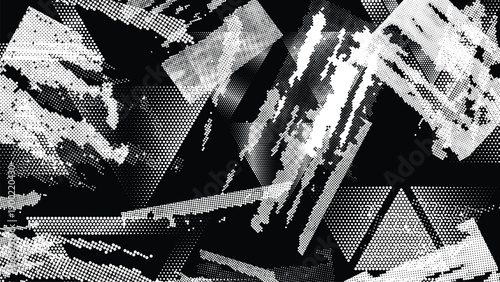 Glitch distorted grungy overlay grange texture. Textured and glitched technology background. Screen print effect .Vector overlay background with a halftone dots screen print texture.
