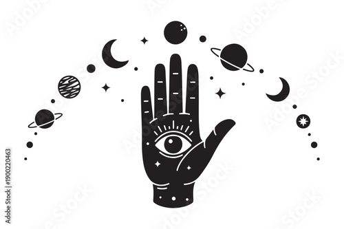 Mystical Hand with Eye and Celestial Bodies - Esoteric Symbol