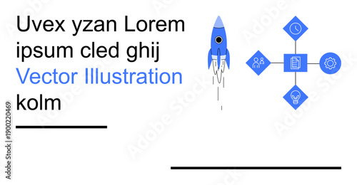 Business strategy, innovation, teamwork, entrepreneurship, technology, growth. A blue rocket launches beside interconnected icons planning and progress. Startup launch and innovation concept