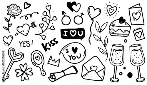 Hand drawn vector illustration set featuring love and romance doodle elements such as hearts, flowers, arrows, text bubbles, cake, glasses and symbols. Black and white line art style, simple and expre