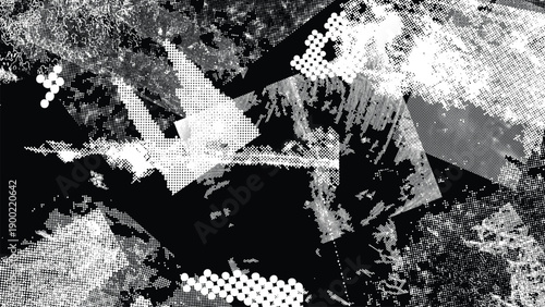 Glitch distorted grungy overlay grange texture. Textured and glitched technology background. Screen print effect .Vector overlay background with a halftone dots screen print texture.
