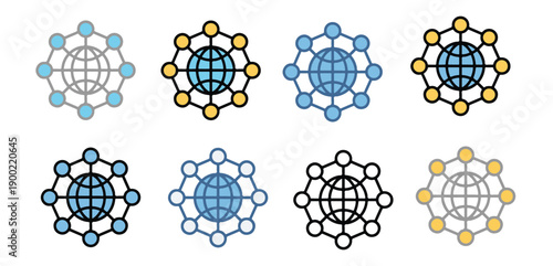 Global network icon set, worldwide connectivity and digital infrastructure vector symbols. internet, data center, communication, technology, cloud computing, server, decentralized, world map, telecomm