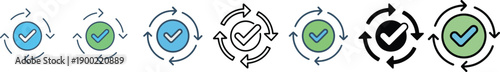 Verification process icons, refresh and synchronization checkmark vector symbols. update, sync, validation, approved, cycle, reload, workflow, quality control, confirmed, loading, system check