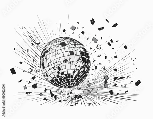 A black and white sketch illustration of a broken disco ball shattering with falling mirror fragments.