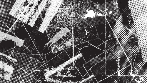 Glitch distorted grungy overlay grange texture. Textured and glitched technology background. Screen print effect .Vector overlay background with a halftone dots screen print texture.

