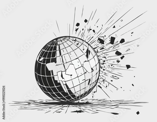 A black and white sketch illustration of a broken disco ball shattering with falling mirror fragments.