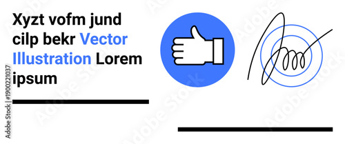 Branding, digital signatures, approval icons, graphic design, online communication, creative media. Thumbs up icon with blue circle, signature illustration and placeholder text. Branding and digital