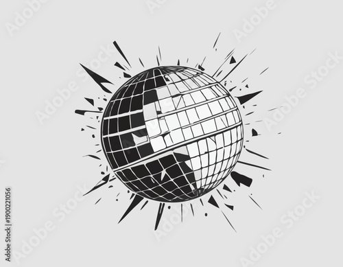 A black and white sketch illustration of a broken disco ball shattering with falling mirror fragments.