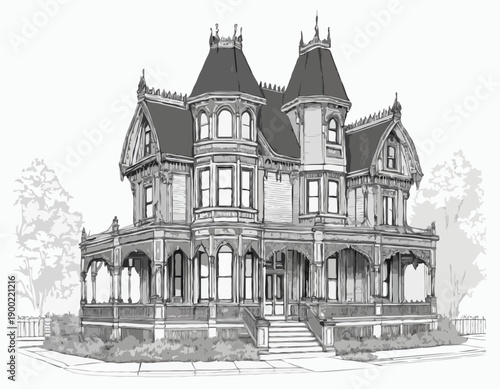 Detailed black and white architectural sketch of an ornate Victorian house with a wraparound porch and gables.