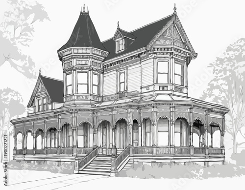 Detailed black and white architectural sketch of an ornate Victorian house with a wraparound porch and gables.