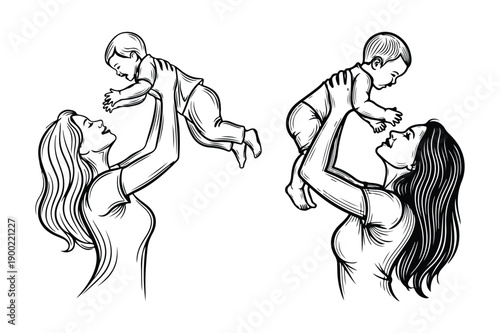 Mothers lifting babies in joyful illustration, black and white