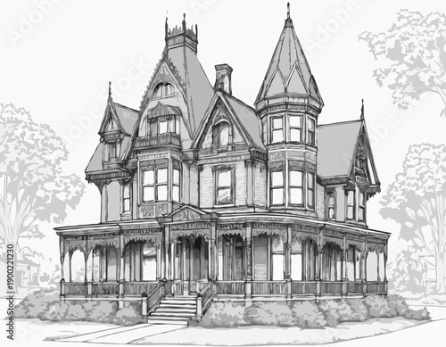 Detailed black and white architectural sketch of an ornate Victorian house with a wraparound porch and gables.