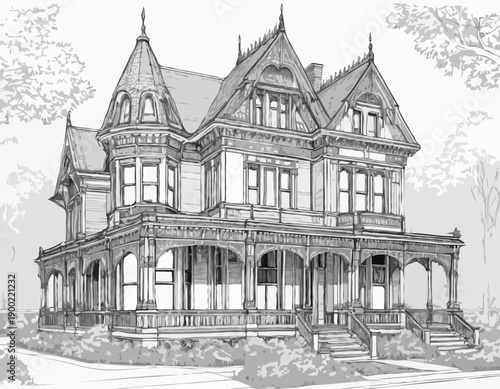 Detailed black and white architectural sketch of an ornate Victorian house with a wraparound porch and gables.
