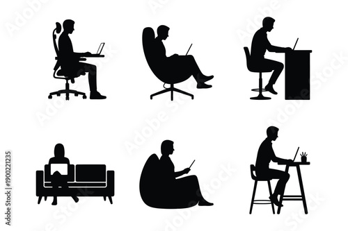 Diverse Silhouettes of People Working Remotely on Laptops