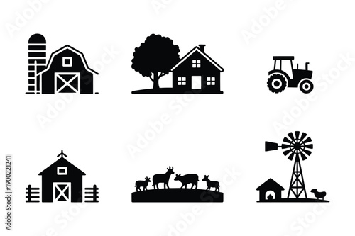 Farm Icon Set: Barn, Tractor, House, Animals, and Windmill