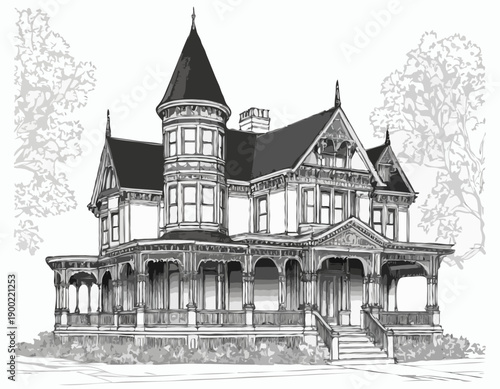 Detailed black and white architectural sketch of an ornate Victorian house with a wraparound porch and gables.