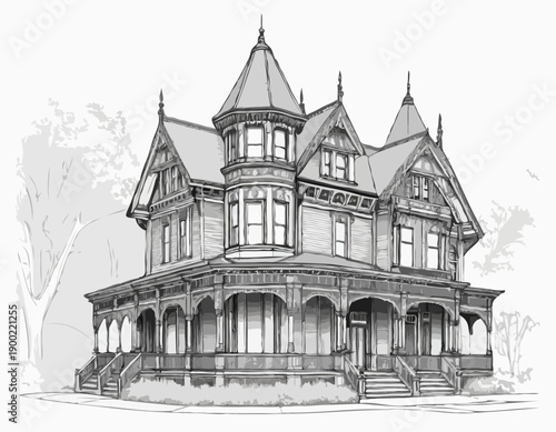 Detailed black and white architectural sketch of an ornate Victorian house with a wraparound porch and gables.
