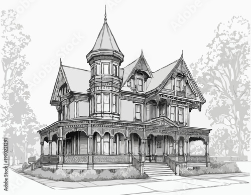 Detailed black and white architectural sketch of an ornate Victorian house with a wraparound porch and gables.