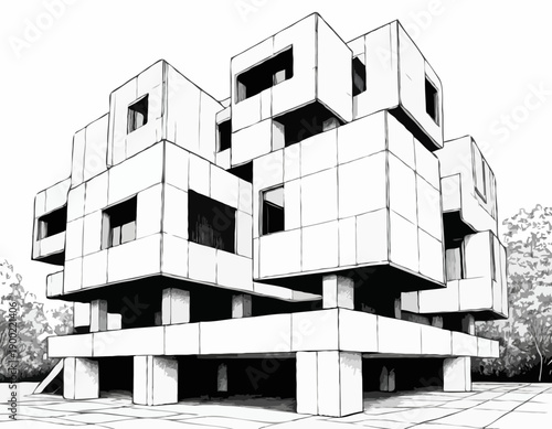 Black and white ink sketch of a modern Brutalist architectural building with interlocking cubic forms.