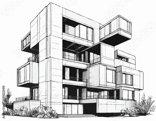Black and white ink sketch of a modern Brutalist architectural building with interlocking cubic forms.