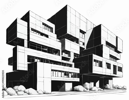 Black and white ink sketch of a modern Brutalist architectural building with interlocking cubic forms.