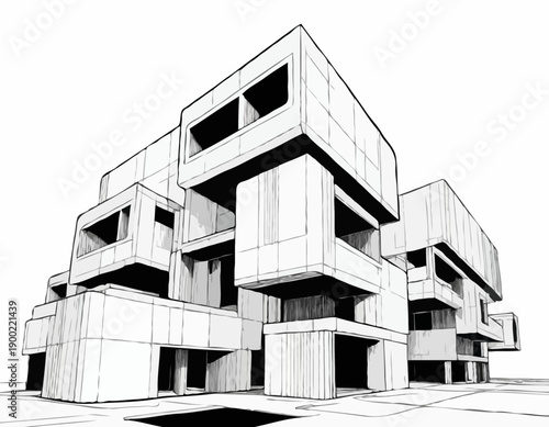 Black and white ink sketch of a modern Brutalist architectural building with interlocking cubic forms.