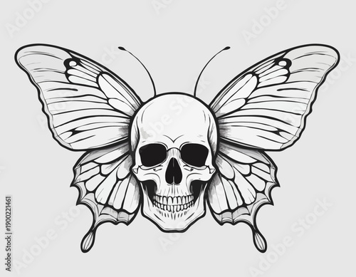 Monochrome illustration of a human skull with large butterfly wings in a tattoo art style.